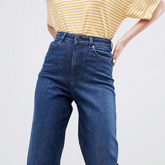 ASOS Design high waist raw hem cropped wide leg stretch jeans 🦋 blue striped - Picture 4 of 16